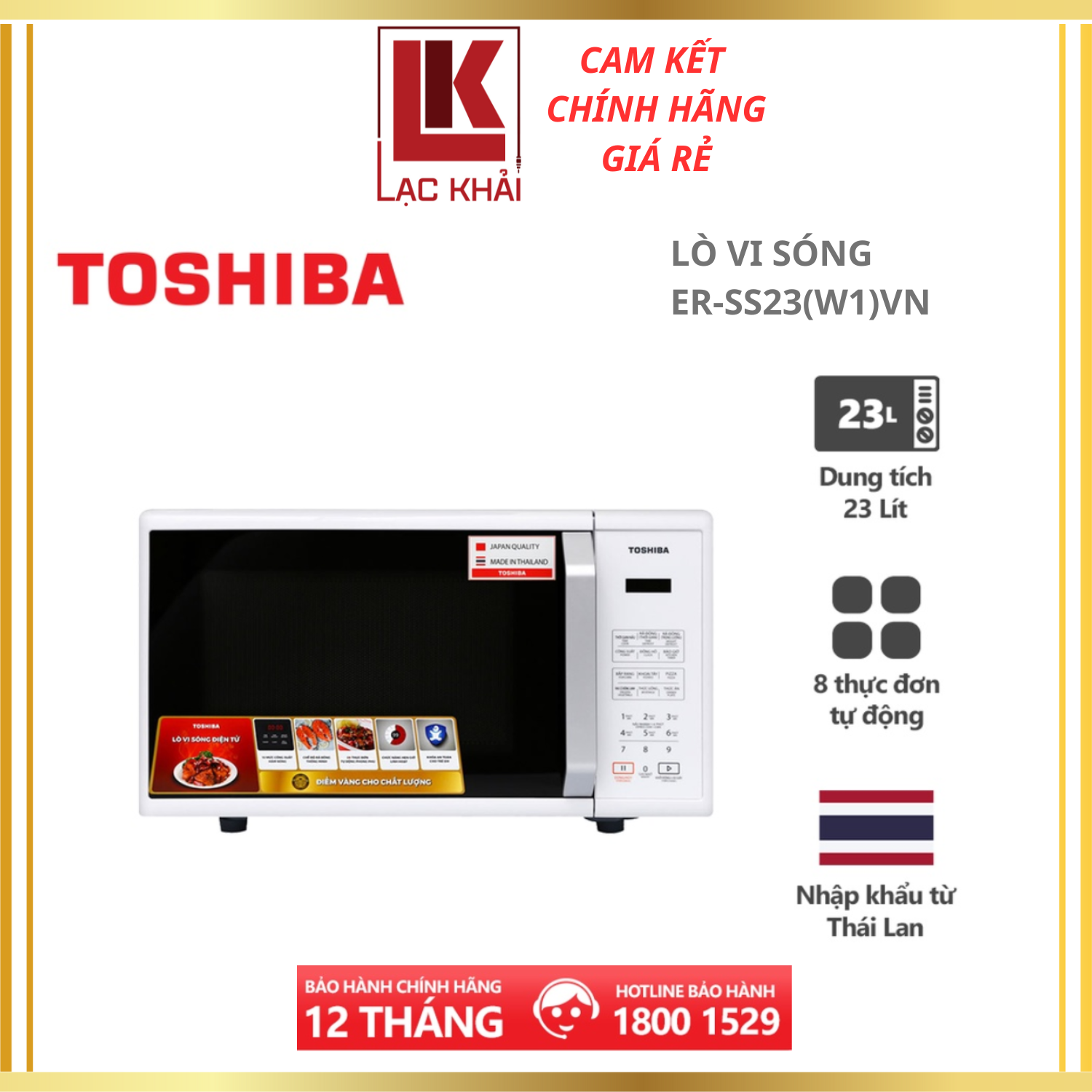 Lò vi sóng Toshiba ER-SS23(W1)VN - Dung tích 23L - Công suất 800W - Xuất xứ Thái Lan, 11 Mức công suất, 8 thực đơn tự động, Chức năng rã đông nhanh và thuận tiện, Bảng điều khiển Tiếng Việt - Hàng chính hãng, bảo hành 12 tháng, chất lượng Nhật Bản