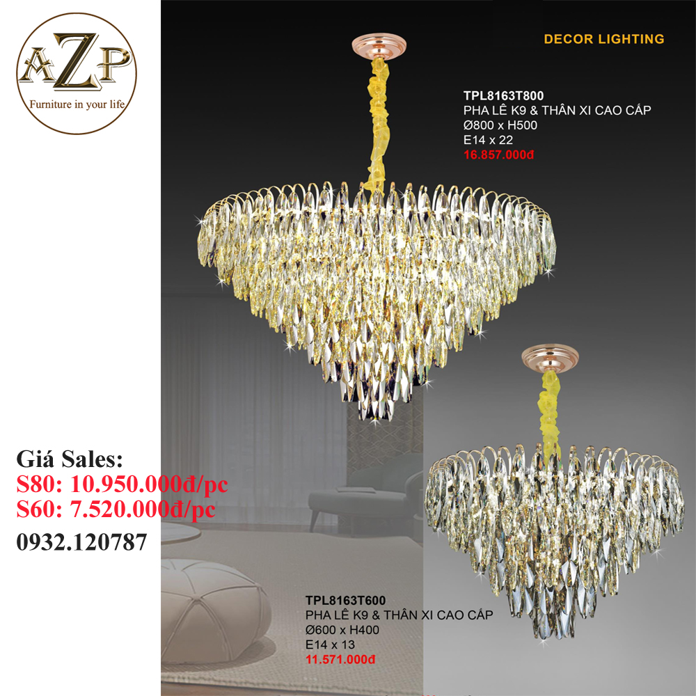 ĐÈN THẢ TRẦN PHA LÊ / ĐÈN THÔNG TẦNG TRANG TRÍ PHÒNG KHÁCH / PHÒNG NGỦ / CẦU THANG / KHÔNG GIAN SANG TRỌNG AZP-8163 phong cách đương đại, hàng nhập khẩu AZP