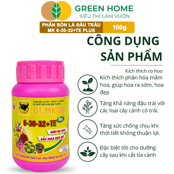 Phân Bón Lá Đầu Trâu 6-30-32 GreenHome, HŨ 100gr, MK 007, Siêu Ra Hoa Màu Rực Rỡ Chuyên Hoa Lan Hồng