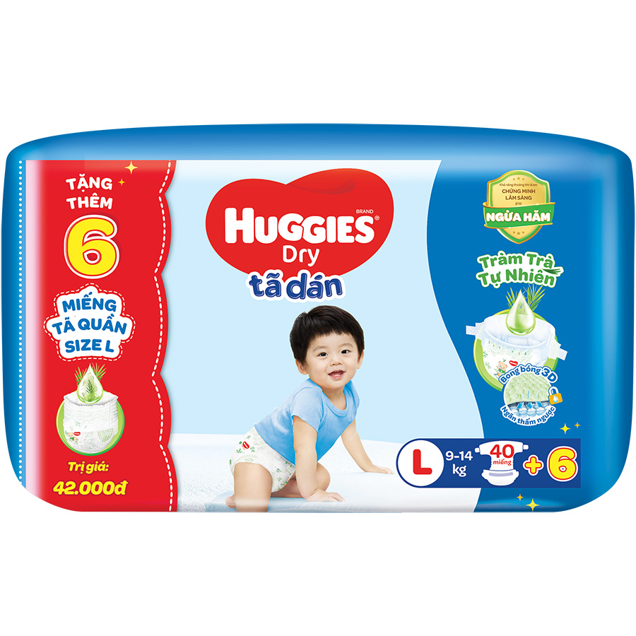 Combo 4 Tã dán HUGGIES DRY JUMBO Tràm Trà - L40 (9 - 14kg + Tặng 6 miếng