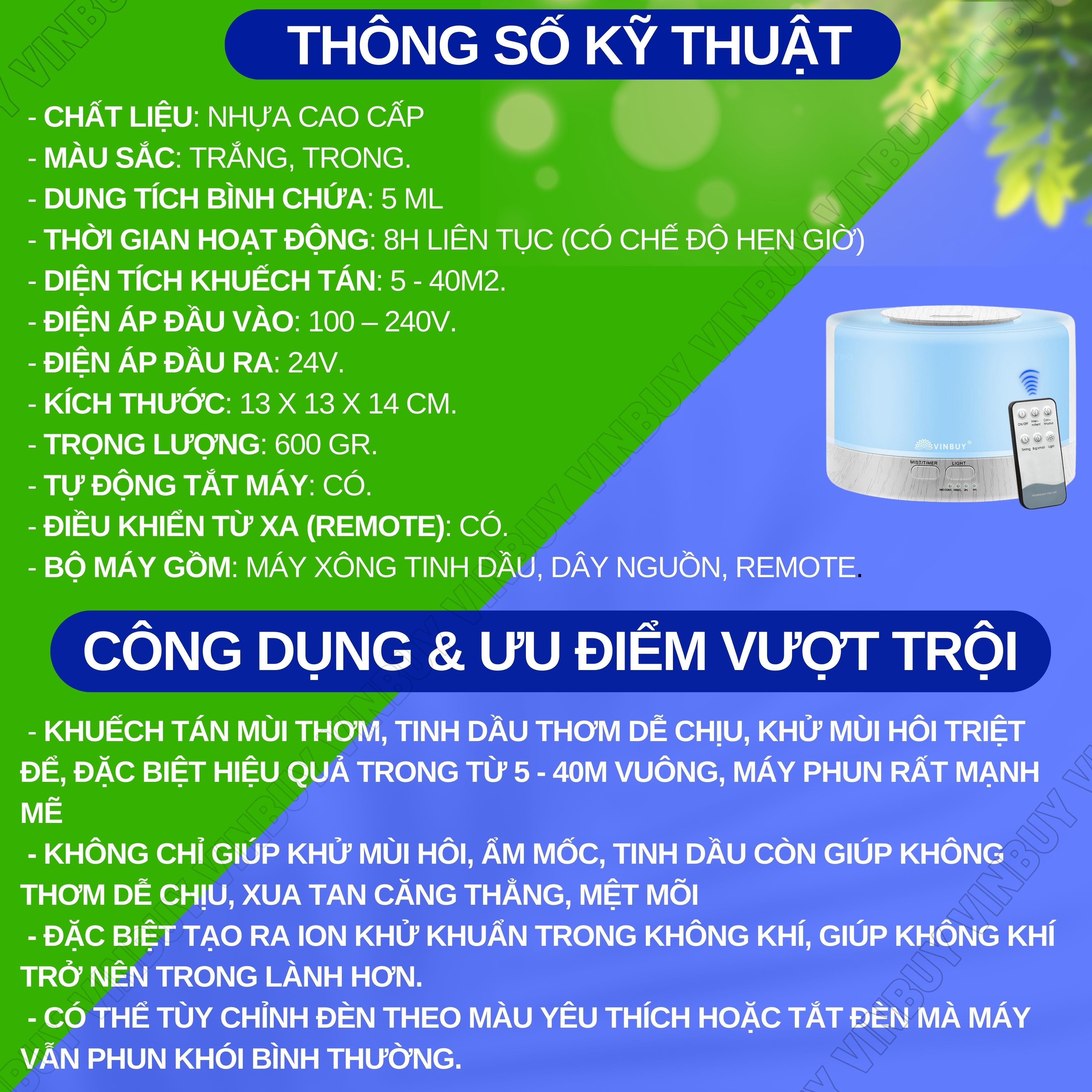 Máy xông tinh dầu VINBUY, khuếch tán tinh dầu, phun sương tạo ẩm, xông tinh dầu phòng ngủ, spa, tự động, dung tích lớn led 07 màu - Hàng chính hãng