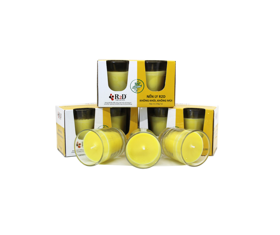 COMBO 3 HỘP NẾN KHÔNG KHÓI VÀNG ĐẾN TỪ THƯƠNG HIỆU R2D, LÀM TỪ SÁP CỌ, DẦU DỪA, TINH DẦU, THÀNH PHẦN TỰ NHIÊN, LÀNH TÍNH.