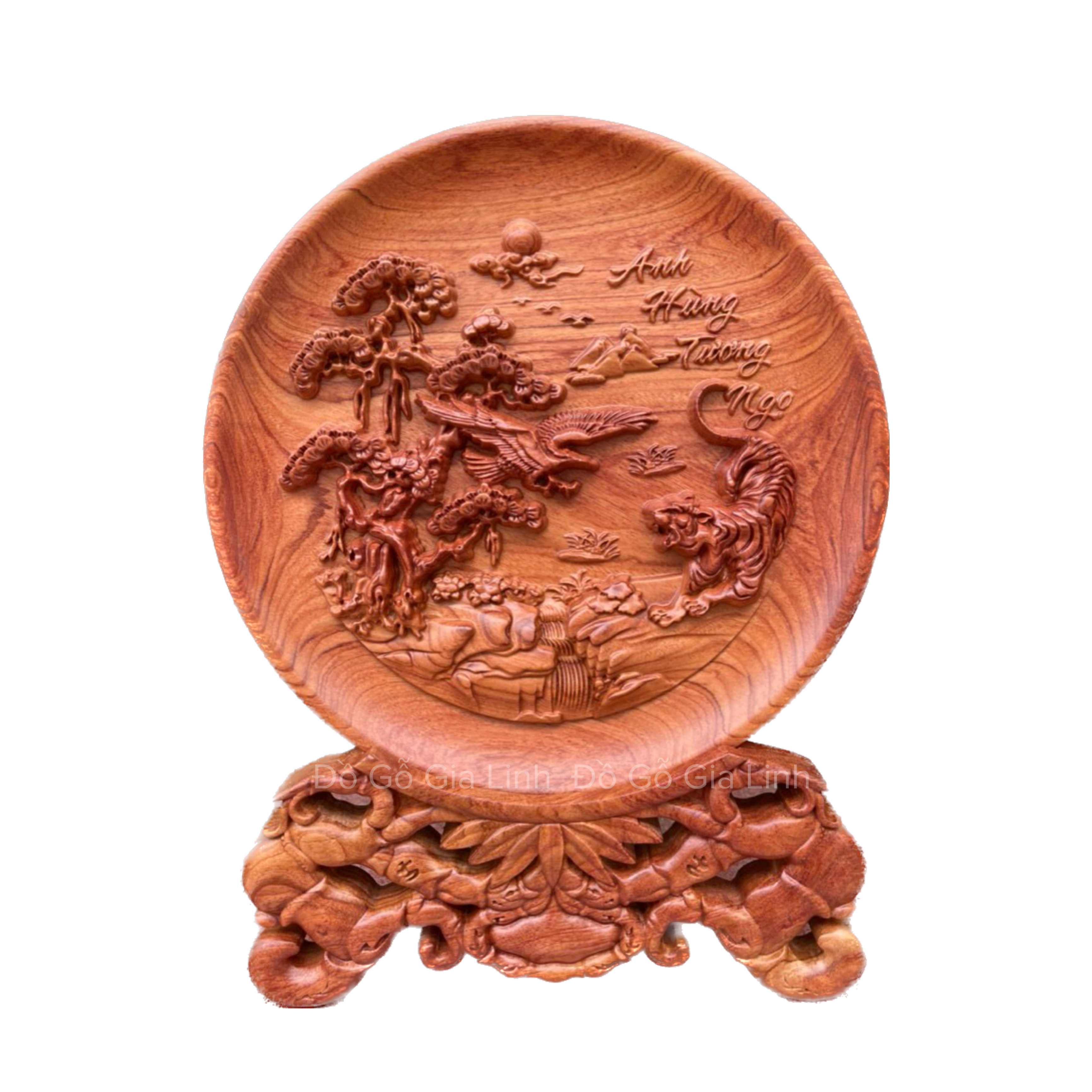 Đĩa gỗ Anh hùng tương ngộ Đồ Gỗ Gia Linh gỗ Hương đá liền khối kèm chân đế