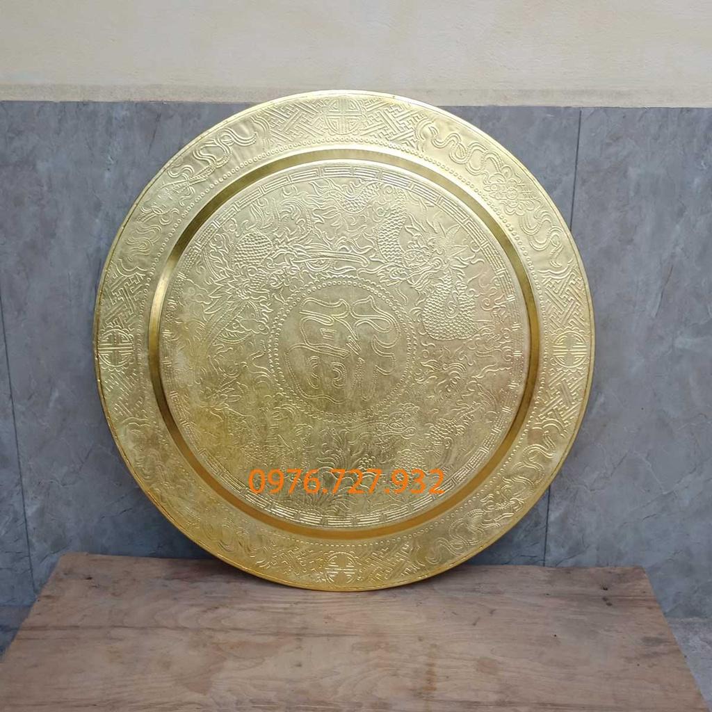 Mâm đồng tứ linh đường kính 52cm được chạm chìm bằng đồng vàng nguyên chất, mâm tứ linh