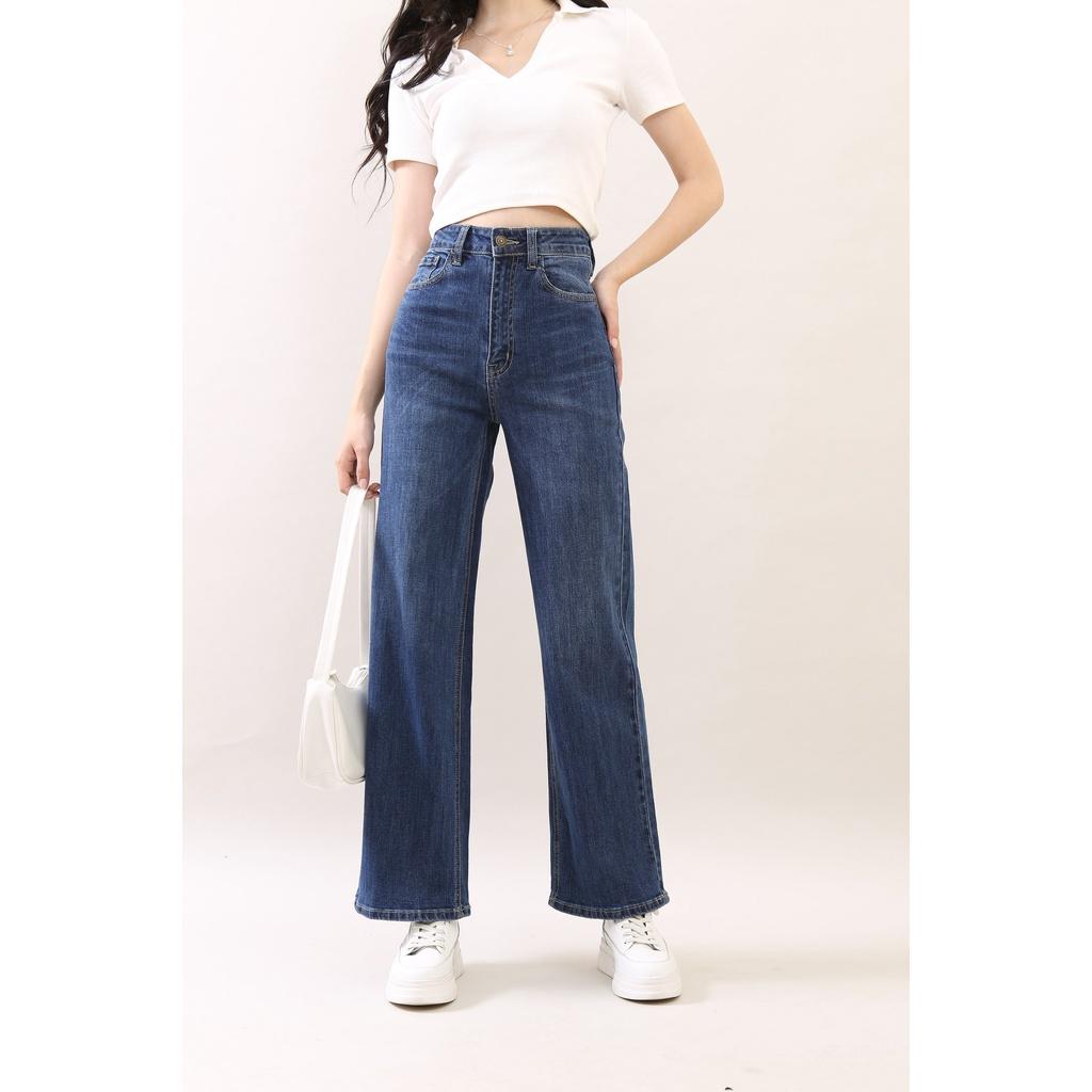 Quần Jean Nữ Ống Rộng Dáng Dài Cotton Chicpel Sau Trơn Gấu Thường CT Jeans