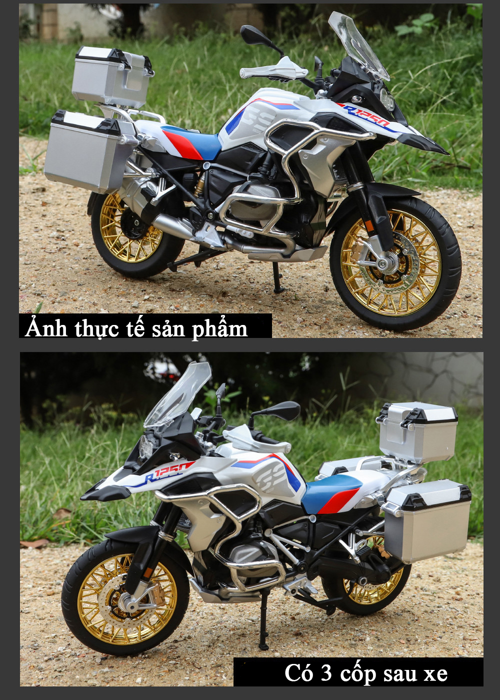 Mô hình xe mô tô BMW R1250GS tỷ lệ 1:9 có nhạc và đèn bằng hợp kim kèm 3 thùng capo