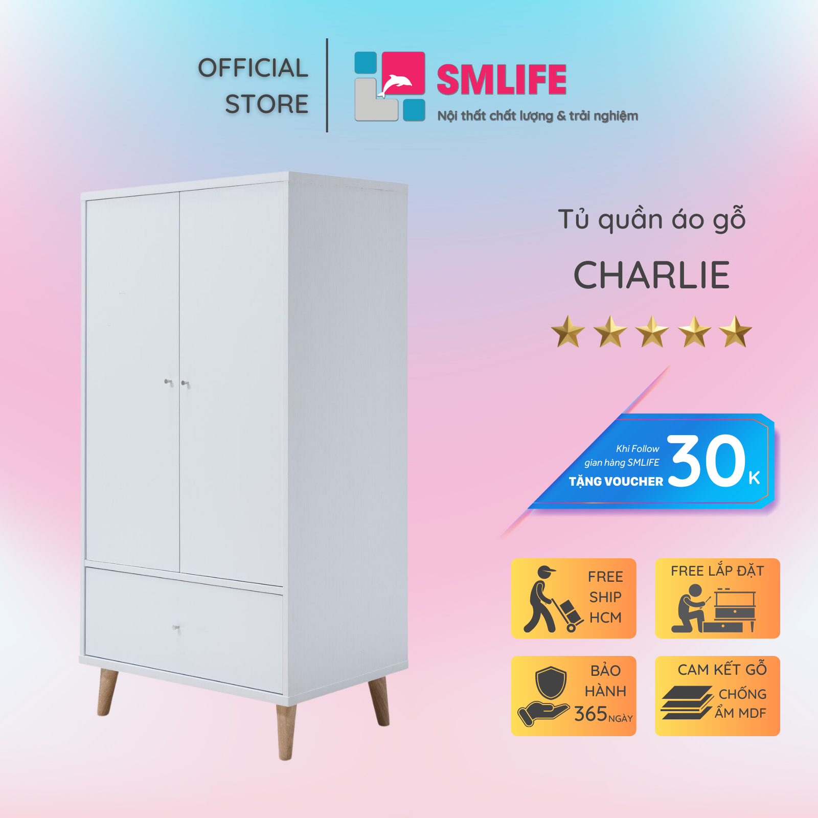 Tủ quần áo gỗ hiện đại SMLIFE Charlie | Gỗ MDF dày 17mm chống ẩm | D80xR55xC155cm
