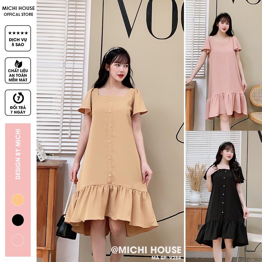 Váy Suông Đuôi Cá Cổ Vuông Tay Bồng Đầm Chữ A Thiết kế Dáng Xuông Ngắn Form Rộng Freesize Bigsize V284 Michi House