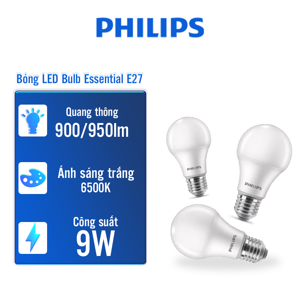 Combo 3 bóng Philips LED bulb Essential E27 9w ánh sáng trắng 6500K