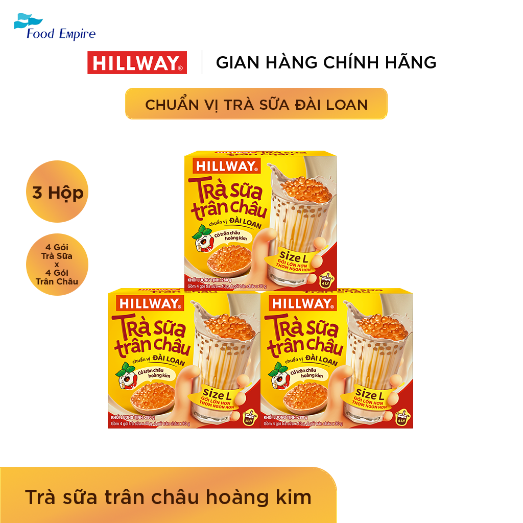 Combo 3 Hộp Trà Sữa Trân Châu Hoàng Kim - Hillway - Chuẩn vị Đài Loan size L (hộp 4 gói trà sữa, 4 gói trân châu)