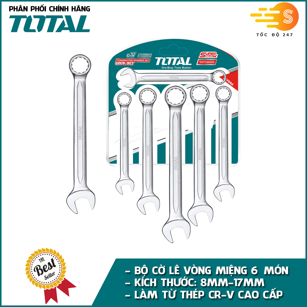 Bộ cờ lê vòng miệng 6 chi tiết 8mm - 17mm đa năng TOTAL THT102266 - Chìa khóa mở, có hộp đựng, thép chuyên dụng CR-V, mở đai ốc bulông dễ dàng