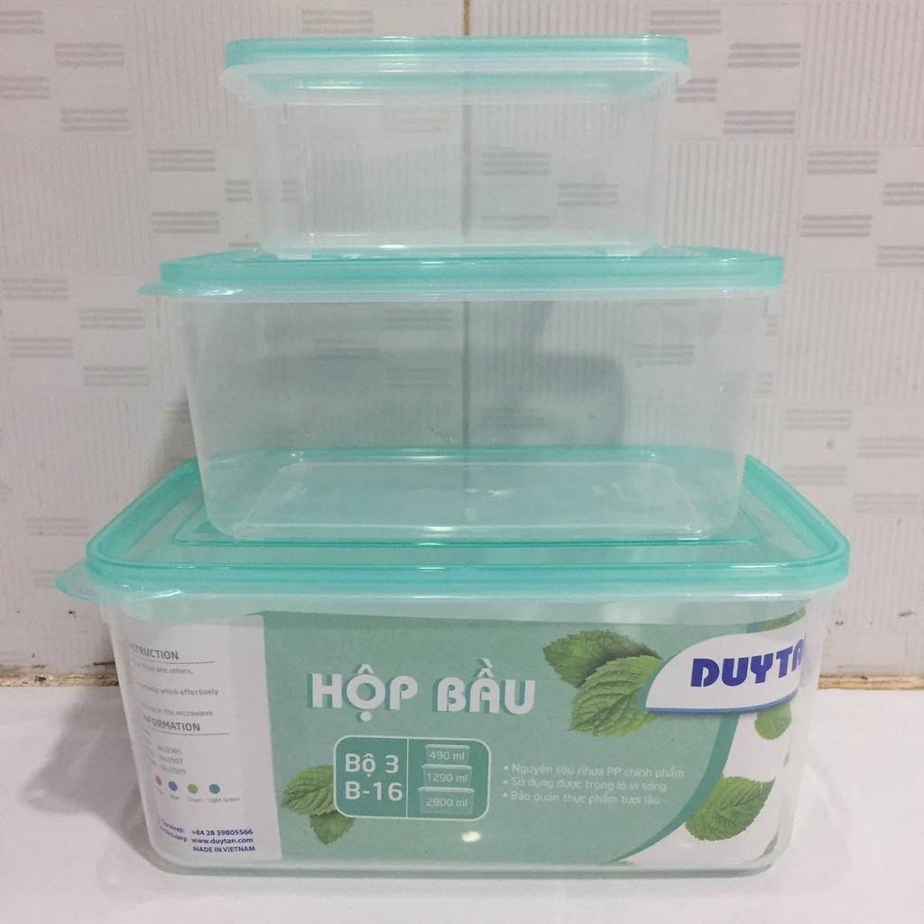 Bộ 3 hộp bầu Duy Tân dung tích 490ml - 1300ml - 2800ml đựng thực phẩm an toàn/Bộ hộp đựng thực phẩm để tủ lạnh có nắp gà