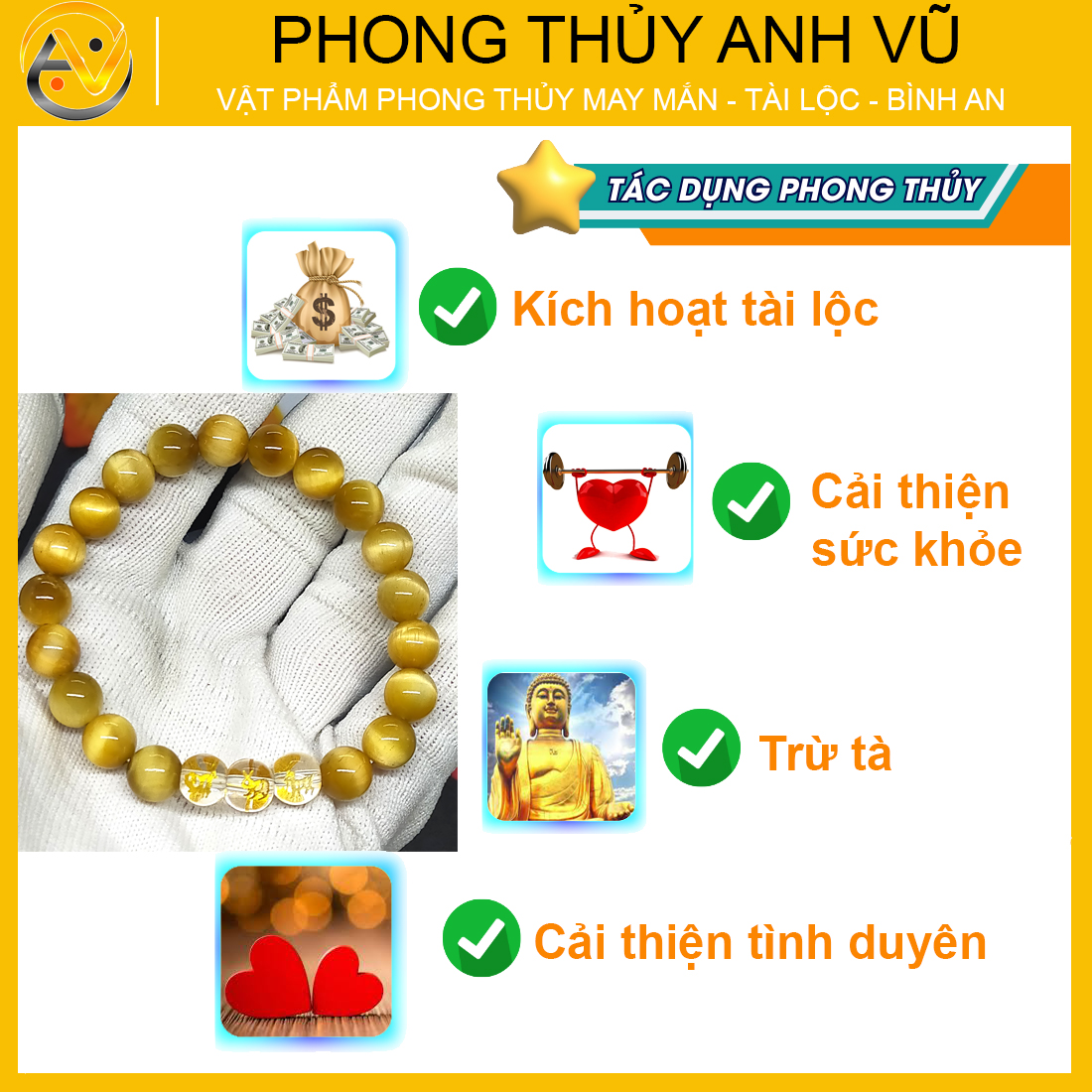 Vòng tay phong thủy nam hợi mão mùi đã khai quang - chất liệu mắt hổ vàng nâu tự nhiên - size 8 10 12ly - may mắn tài lộc - Vòng Tam Hợp Anh Vũ