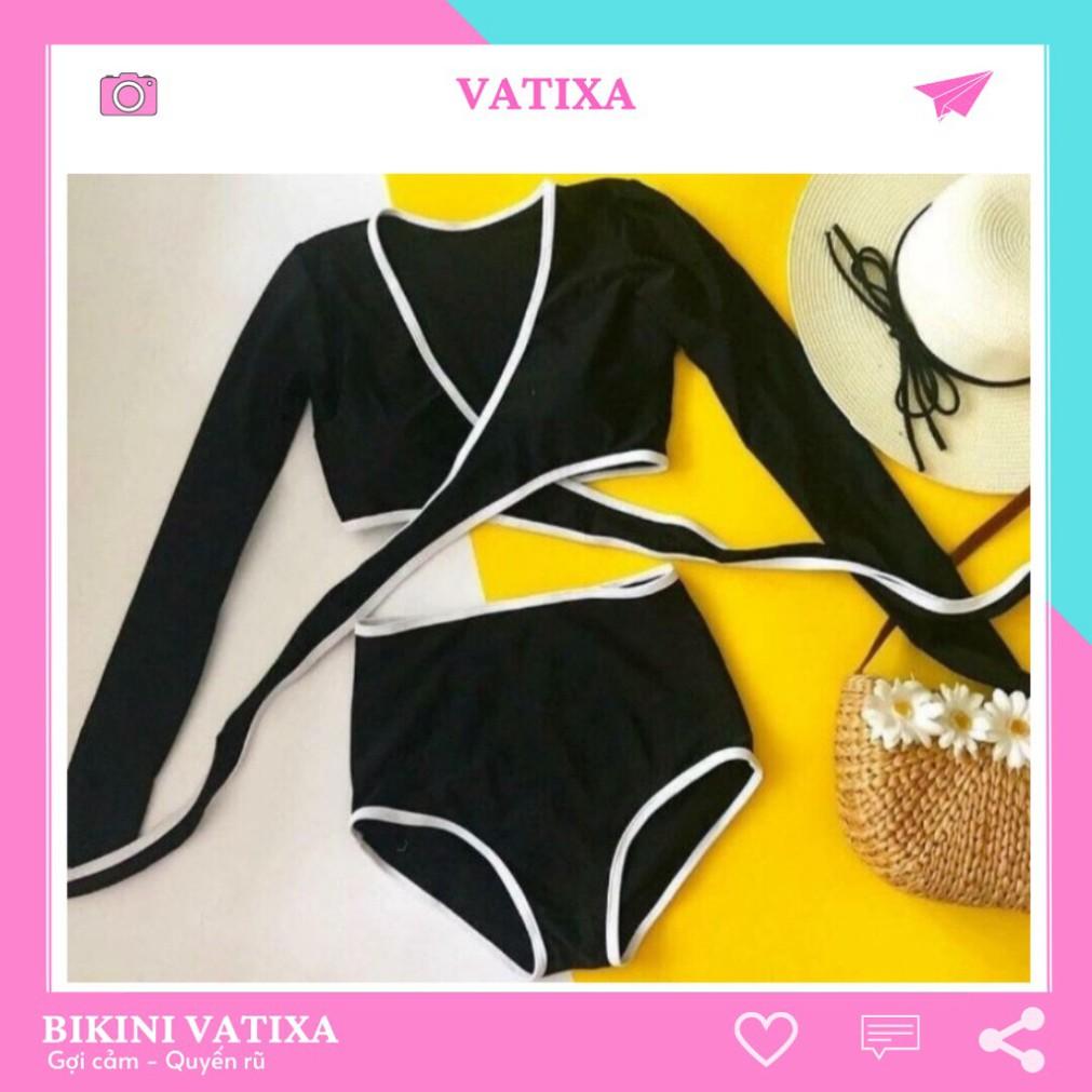 freeship Bikini đồ bơi tay dài đắp chéo quần cạp cao viền trắng cột dây ngực sành điệu VATIXA BKN04