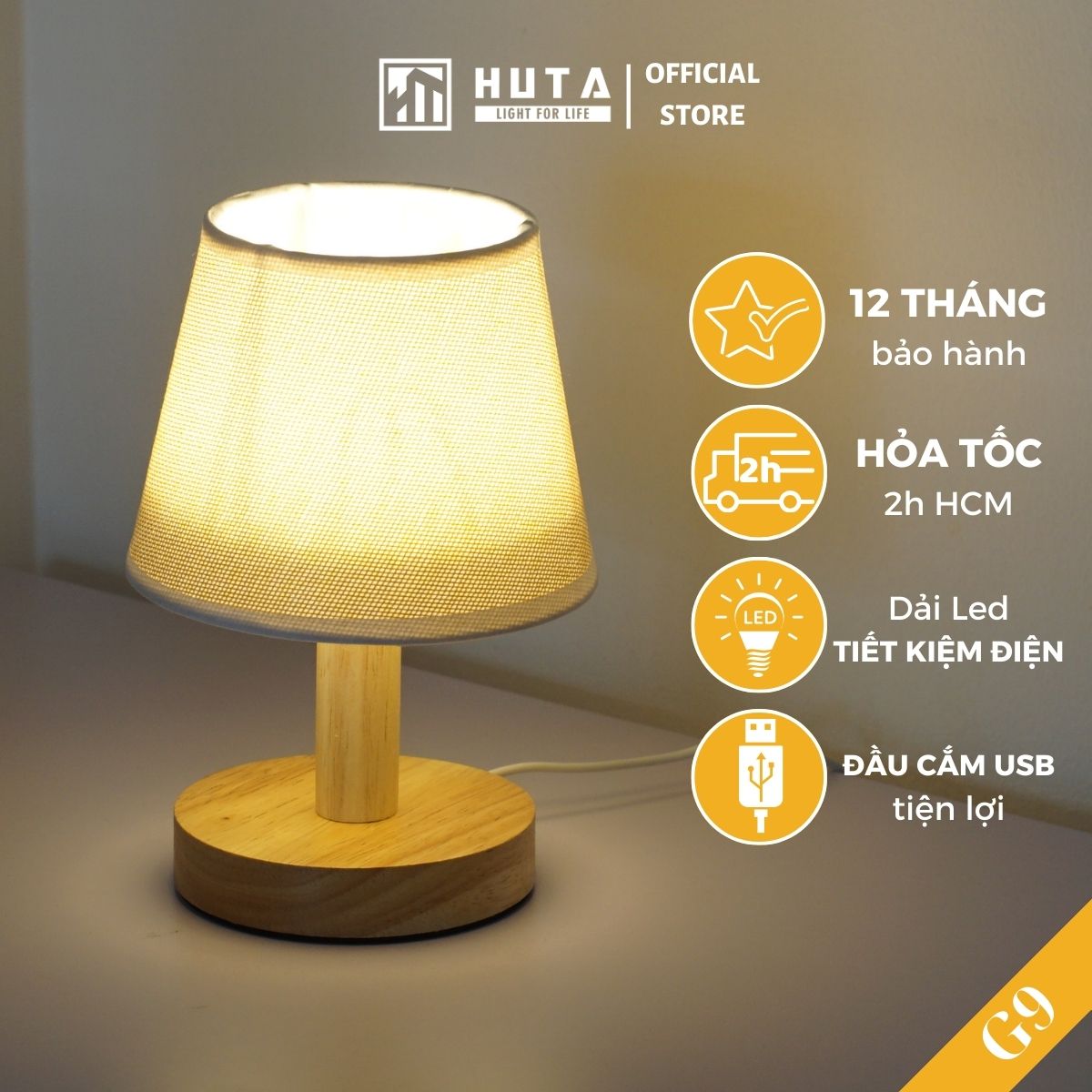 Đèn Ngủ Để Bàn Gỗ Huta G9 Mini Phong Cách Vintage, Đầu Cắm Usb, Decor Trang Trí Phòng Ngủ, Đầu Giường, Dải Led Ánh Sáng Vàng - Chao Vải Lanh