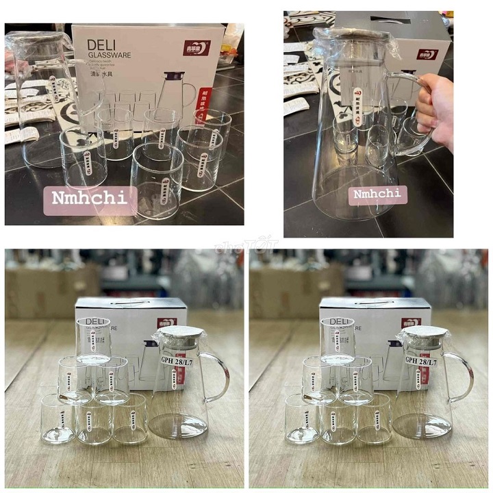 Bộ Bình Thủy Tinh Chịu Nhiệt Kèm 6 Cốc Không Quai Cao Cấp