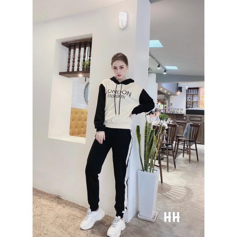Đồ bộ thể thao thu đông phối màu có mũ in chữ LONDON