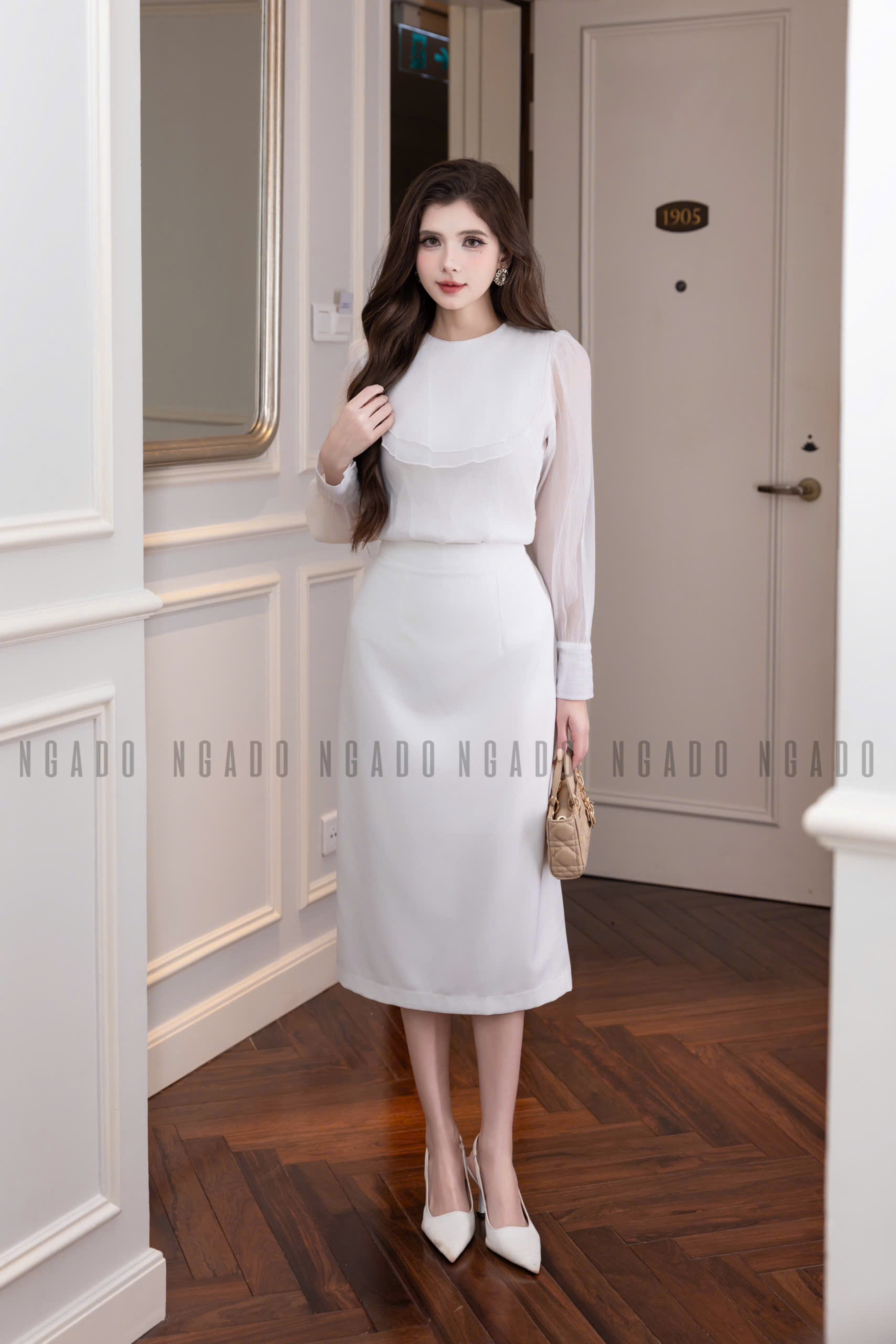 Set áo váy voan trắng bút chì NGADO , set áo kèm váy , set áo váy Nữ