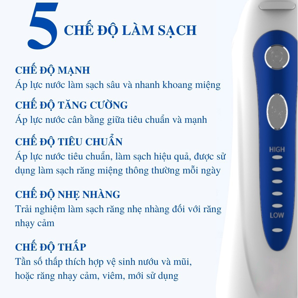 Máy Tăm Nước Cầm Tay Cao Cấp H20FLOSS HF-9P Kèm 5 Vòi Xịt Vệ Sinh Răng Miệng - Hàng Chính Hãng