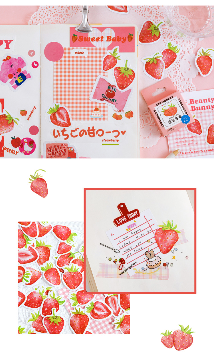Bộ Sticker hộp 45 miếng dán chủ đề Dâu Tây - Hộp nhãn dán trang trí sổ tay bullet journal - M301