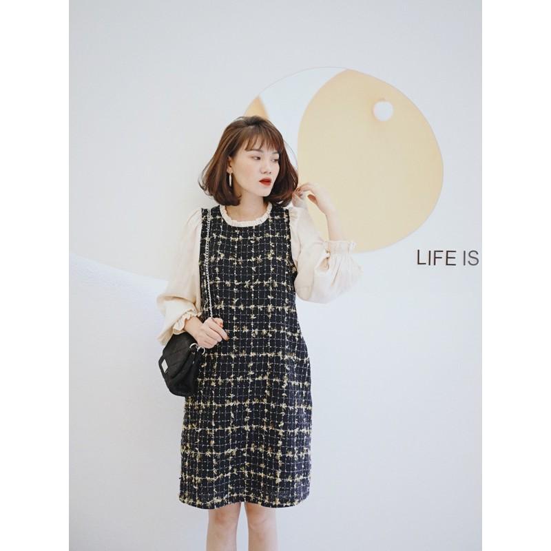 Đầm dạ tweed phối tay be