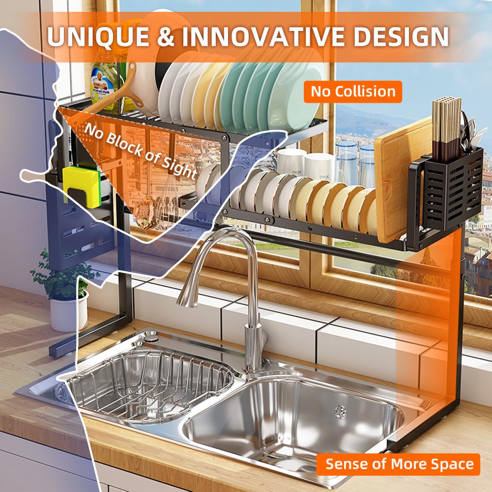 Stagger Over the Sink Dish Drying Rack Length Height Adjustable for Bowl Sink Thickened Carbon Steel Dish Drainer
