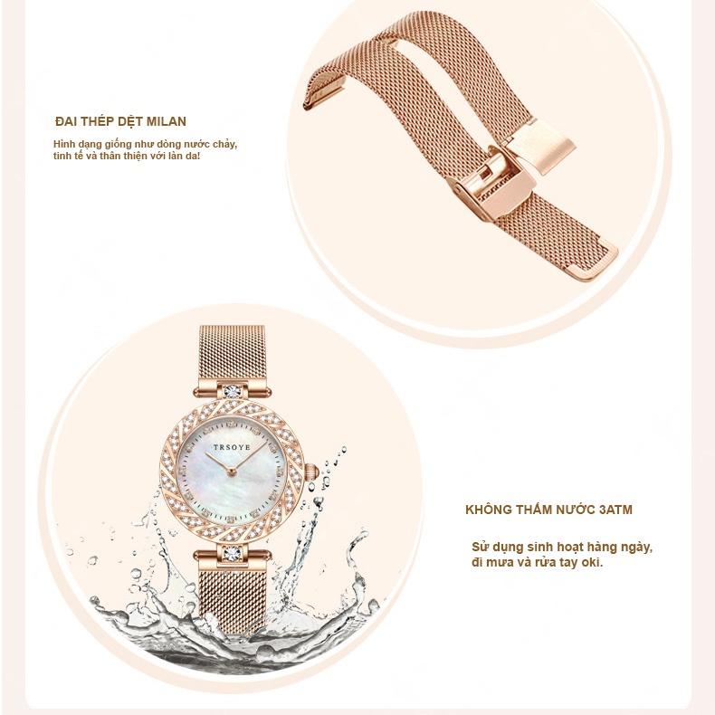 Đồng hồ đeo tay nữ TRSOYE TR8809 mặt số đính đá sang trọng không thấm nước Dây đeo lưới hợp kim thép