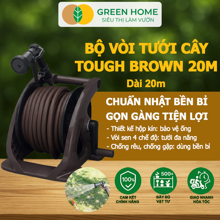 Bộ vòi tưới cây Takagi Tough Brown GreenHome, Dài 20m, Nhỏ Gọn, Bền Bỉ, Vòi Phun Đa Năng, Chuẩn Nhật Bản