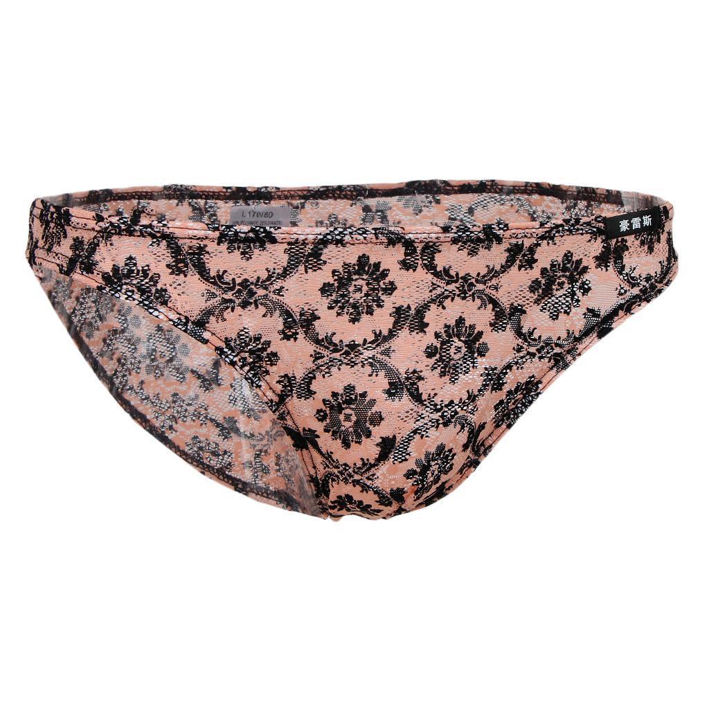 Men's Sissy Sheer Lace Briefs Floral Geometric Patterns Underwear - Orange, L