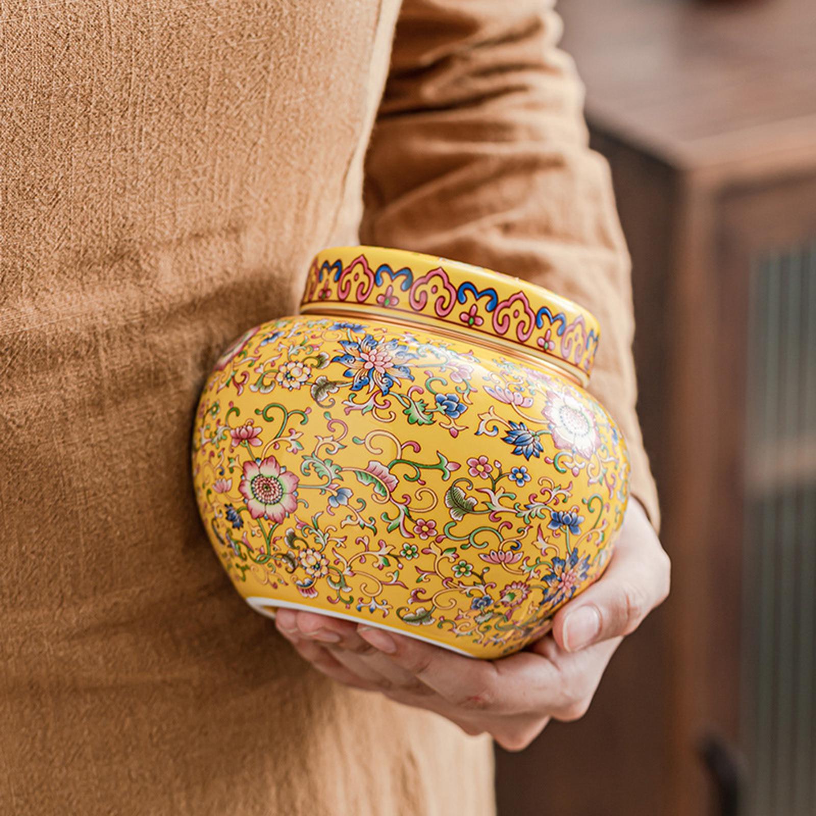 Tea Canister Floral Temple Jar with Lid Multipurpose Artwork Storage Container Desk Jar Vase Ceramic Ginger Jar for Dining Room Office Decor