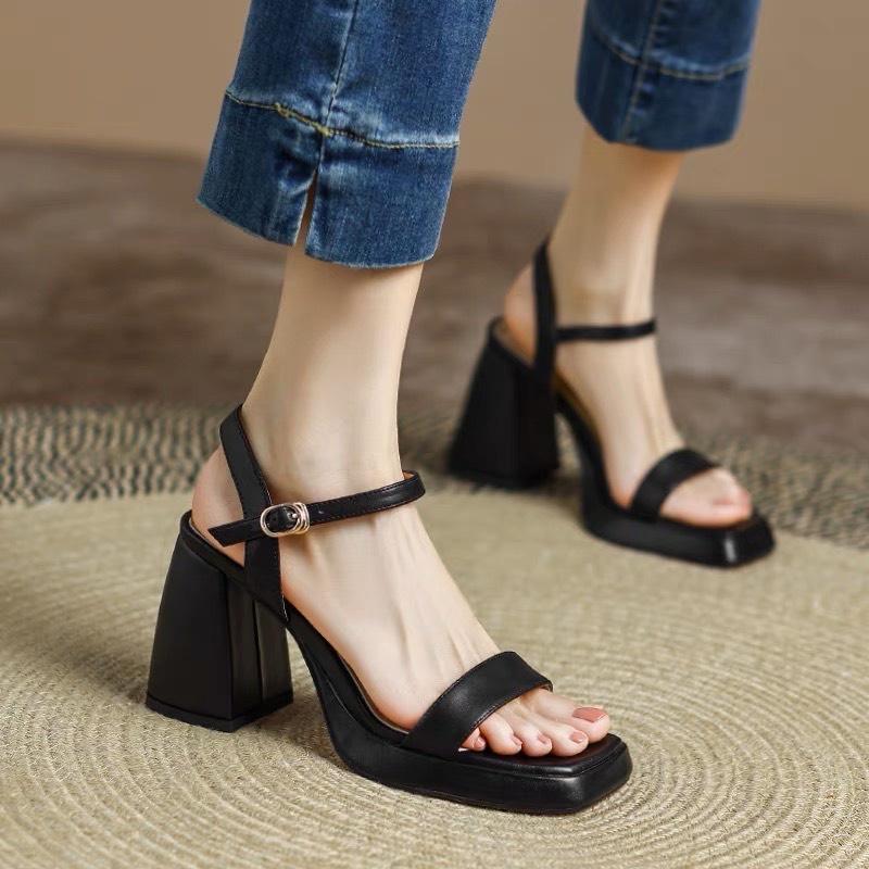 Sandal da mịn quai ngang đế đúp trước gót trụ vuông to - 9P