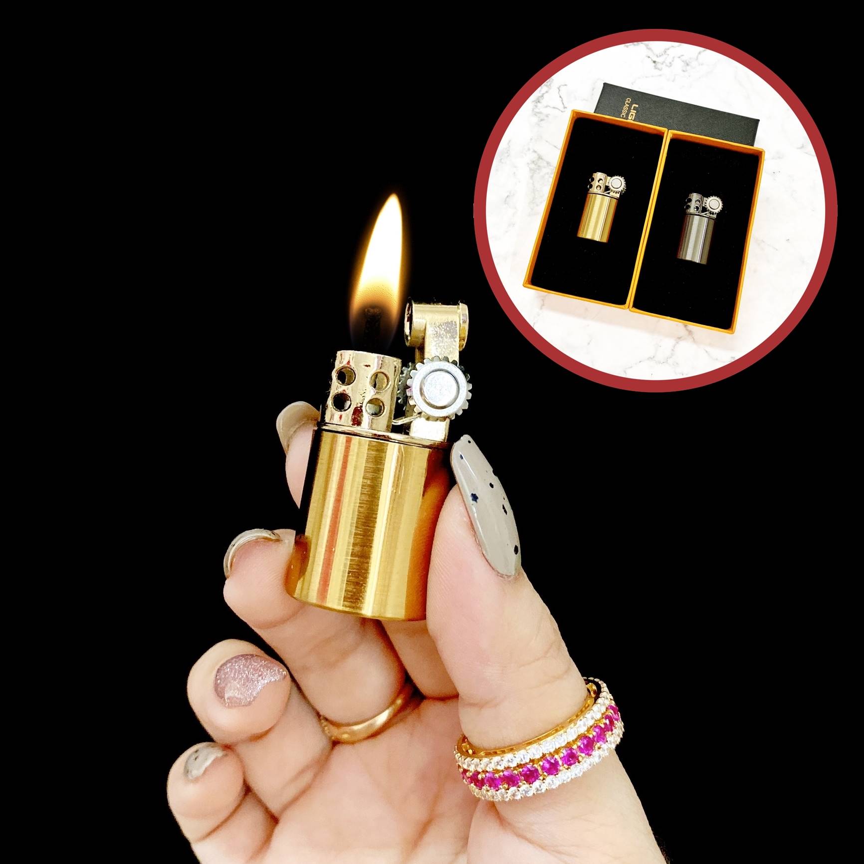 Hộp quẹt bật lửa xăng đá cổ hình trụ mini lùn kim loại -