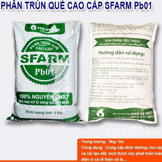 PHÂN TRÙN QUẾ SFARM PB01 BAO 5KG Chuyên bón cho rau sạch, kiểng lá và hoa hồng