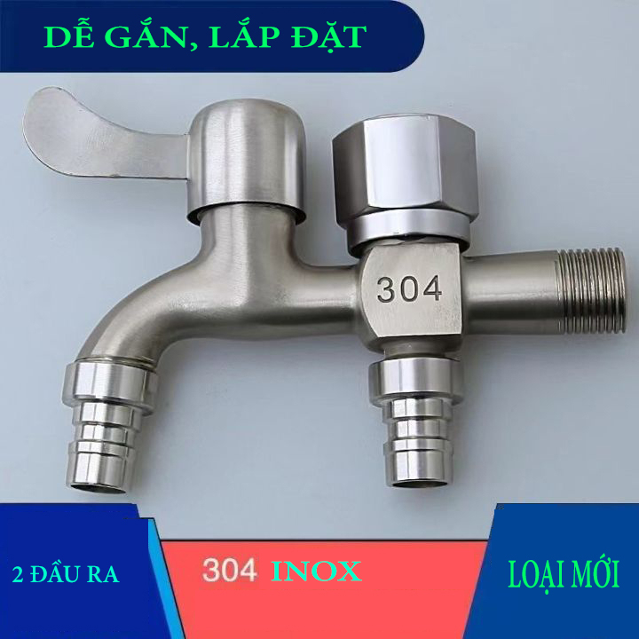 Vòi nước 2 đầu ra inox 2 đầu cho máy giặt chia nước thành 2 cổng xả độc lập, chất liệu Inox 304 cao cấp