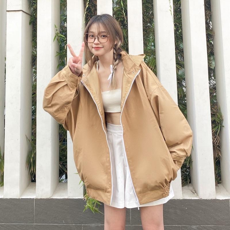 Áo Khoác Kaki TRƠN nón 2 lớp màu TAN Form Rộng Nam Nữ Unisex Áo khoác zip jaystoree