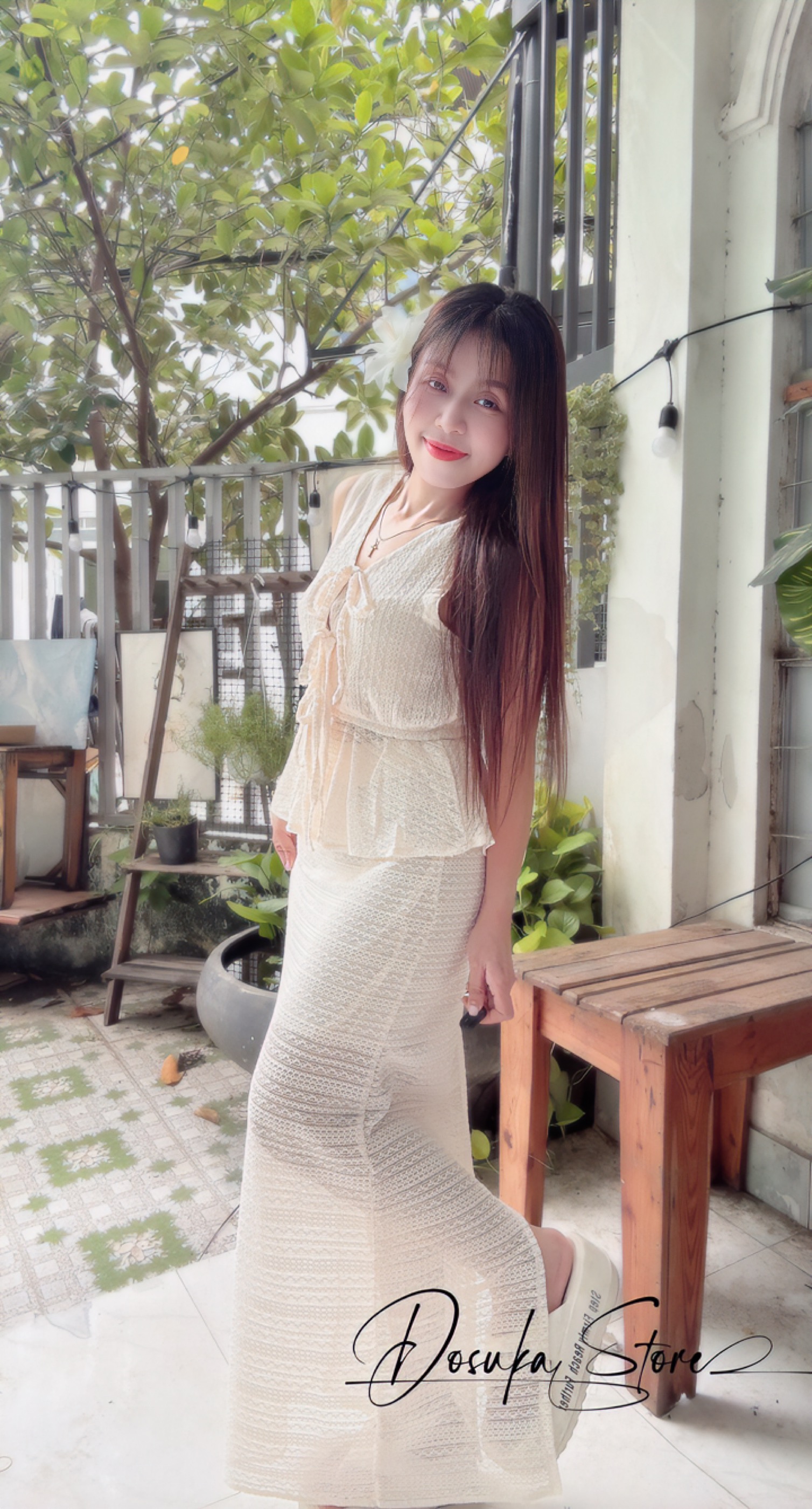 Set len váy dài cột nơ siêu hot