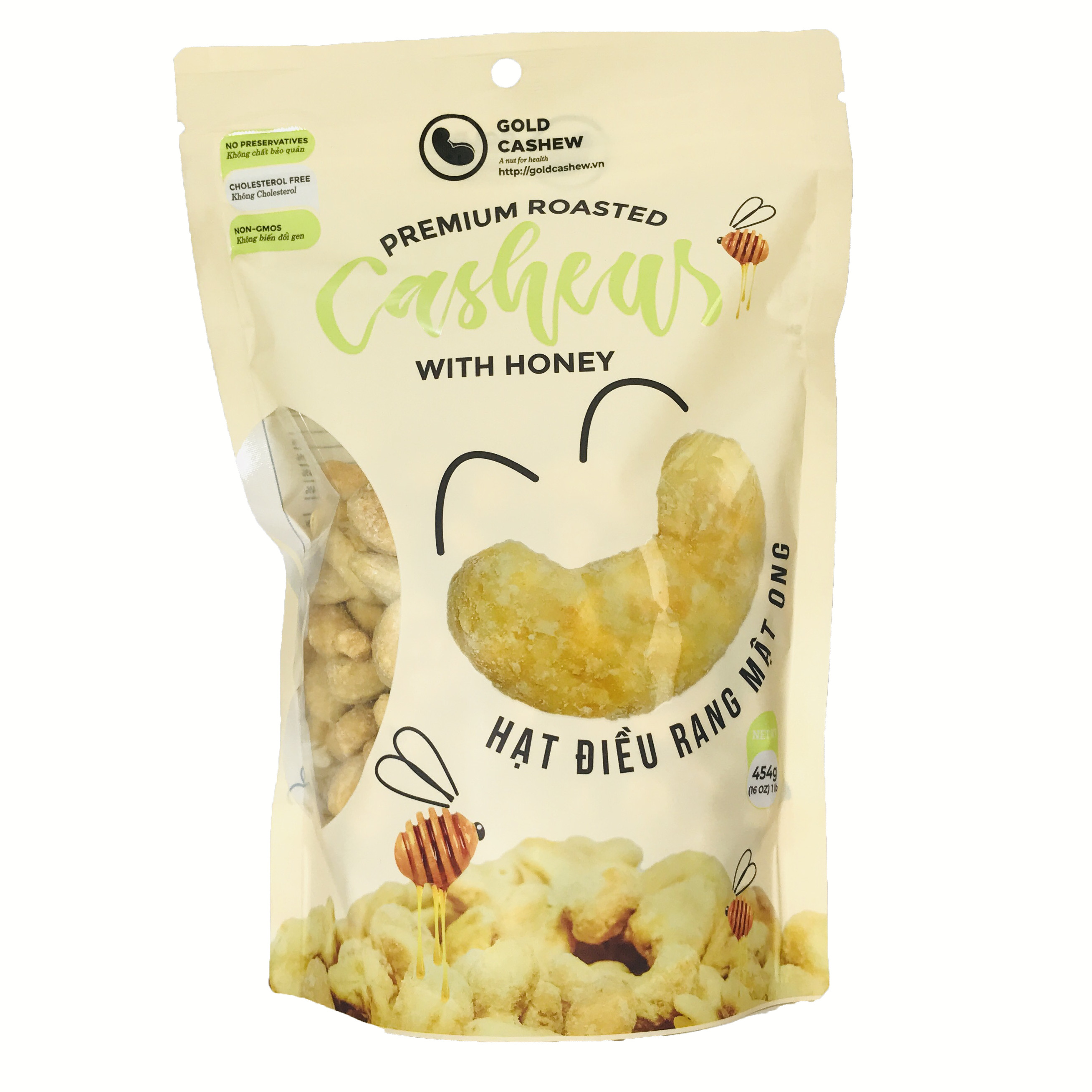 Hạt Điều Rang Mật Ong Cao Cấp Gold Cashew  - Premium Roasted Cashew With Honey, Chuẩn hạt điều size WW240, Công nghệ rang không dầu và muối tinh thể, Không chất bảo quản, Không Cholesterol
