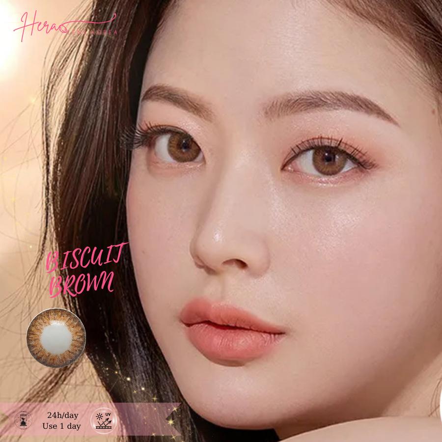 Kính Áp Tròng Hera Nâu Ánh Vàng Có Viền 0 - 6 Độ BISCUIT BROWN Nhập Khẩu Hàn Quốc Lens Cận 1 Ngày