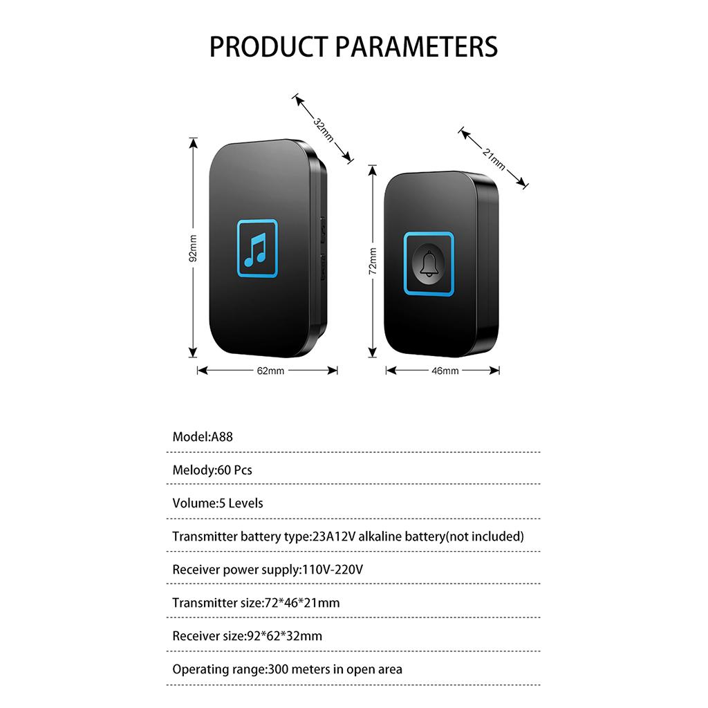 Wireless Chime Doorbell 60 Melodies 1 Transmitter+ 1 UK Plug-in Receiver