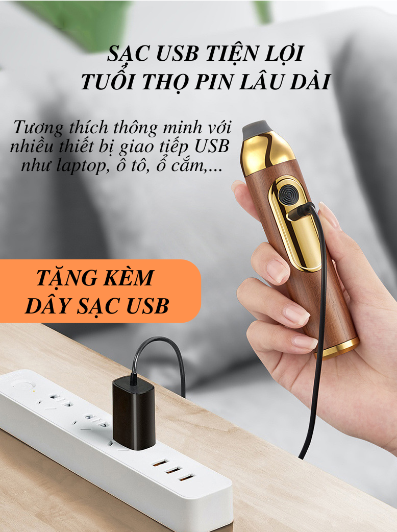 HÀNG XỊN_Tẩu Thuôc Di Động Kiêm Đánh Lửa &amp; Gạt Tàn 3 Trong 1 Tiện Dụng Chất Liệu Gỗ Cao Cấp Kèm Hộp Đựng Sang Trọng Tặng Kèm 3 Đầu Hút+Dây Sạc USB