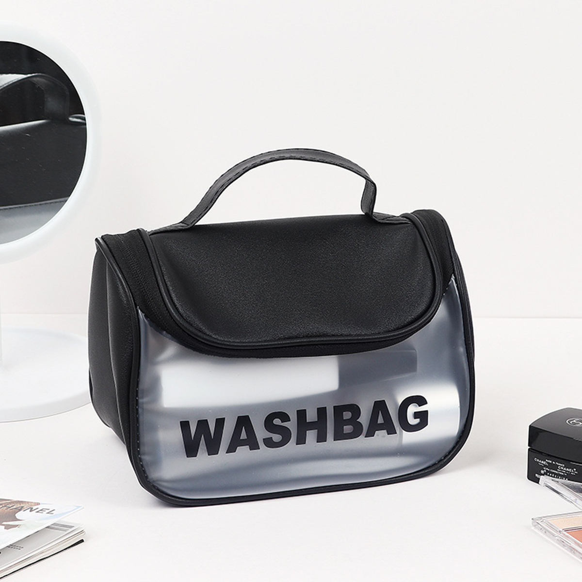 Túi đựng mỹ phẩm du lịch WashBag DẠNG HỘP có quai xách mini trong suốt, Túi đựng đồ trang điểm