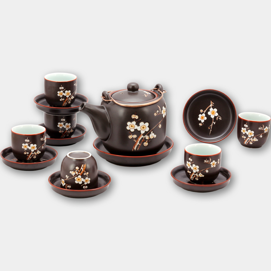 Bộ ấm chén tử sa vại khắc hoa Đào gốm sứ Bát Tràng (bộ bình uống trà, bình trà)
