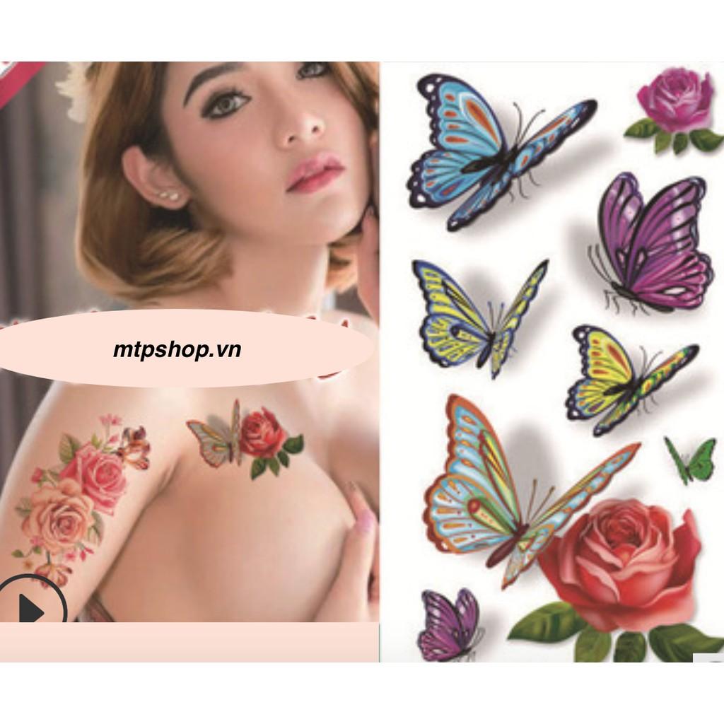 Hình xăm dán cao cấp hoa hồng và bướm xinh