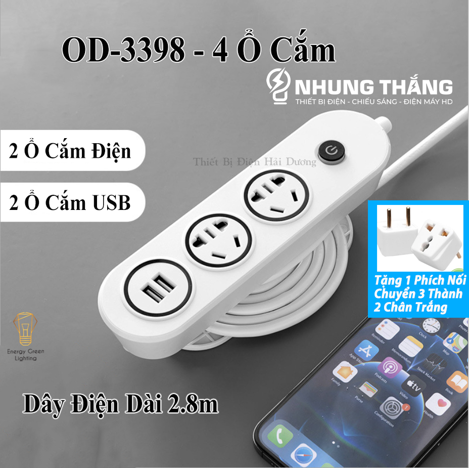 Ổ Cắm Điện Đa Năng An Toàn Chống Giật OD-3398 - Dây Dài 2.8m - Kèm Ổ Cắm Và Miếng Dán