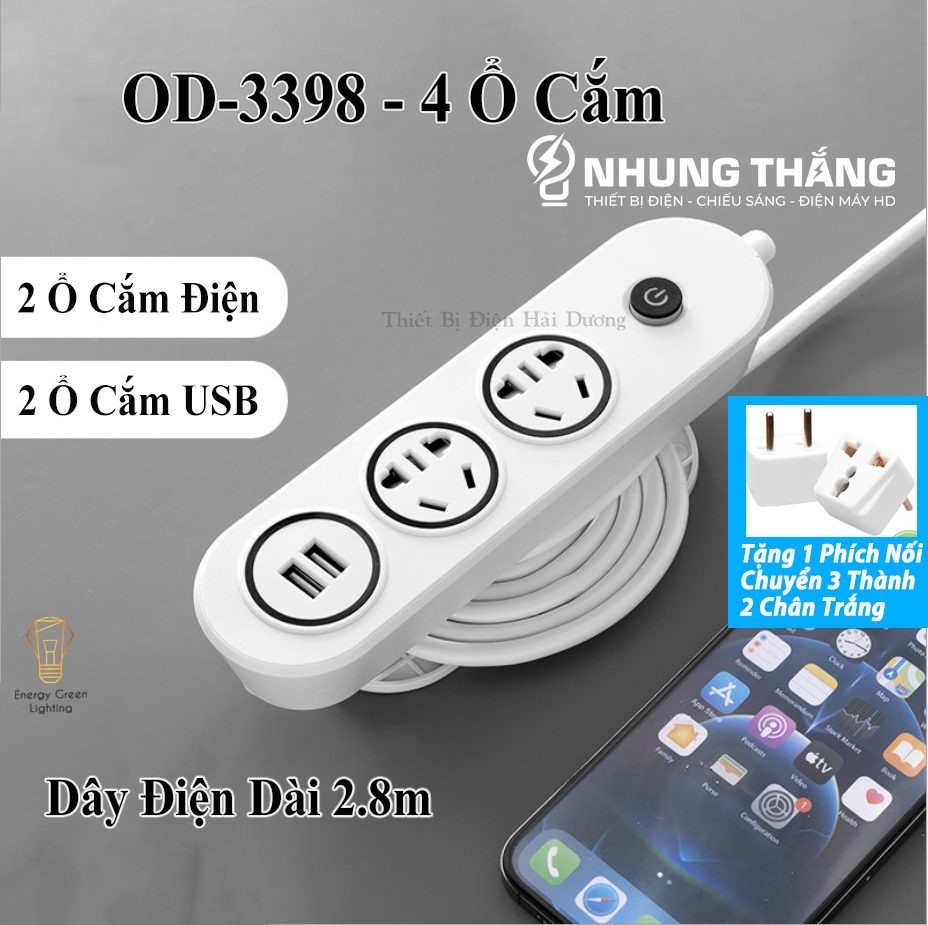 Ổ Cắm Điện Đa Năng An Toàn Chống Giật OD-3398 - Dây Dài 2.8m - Kèm Ổ Cắm Và Miếng Dán 