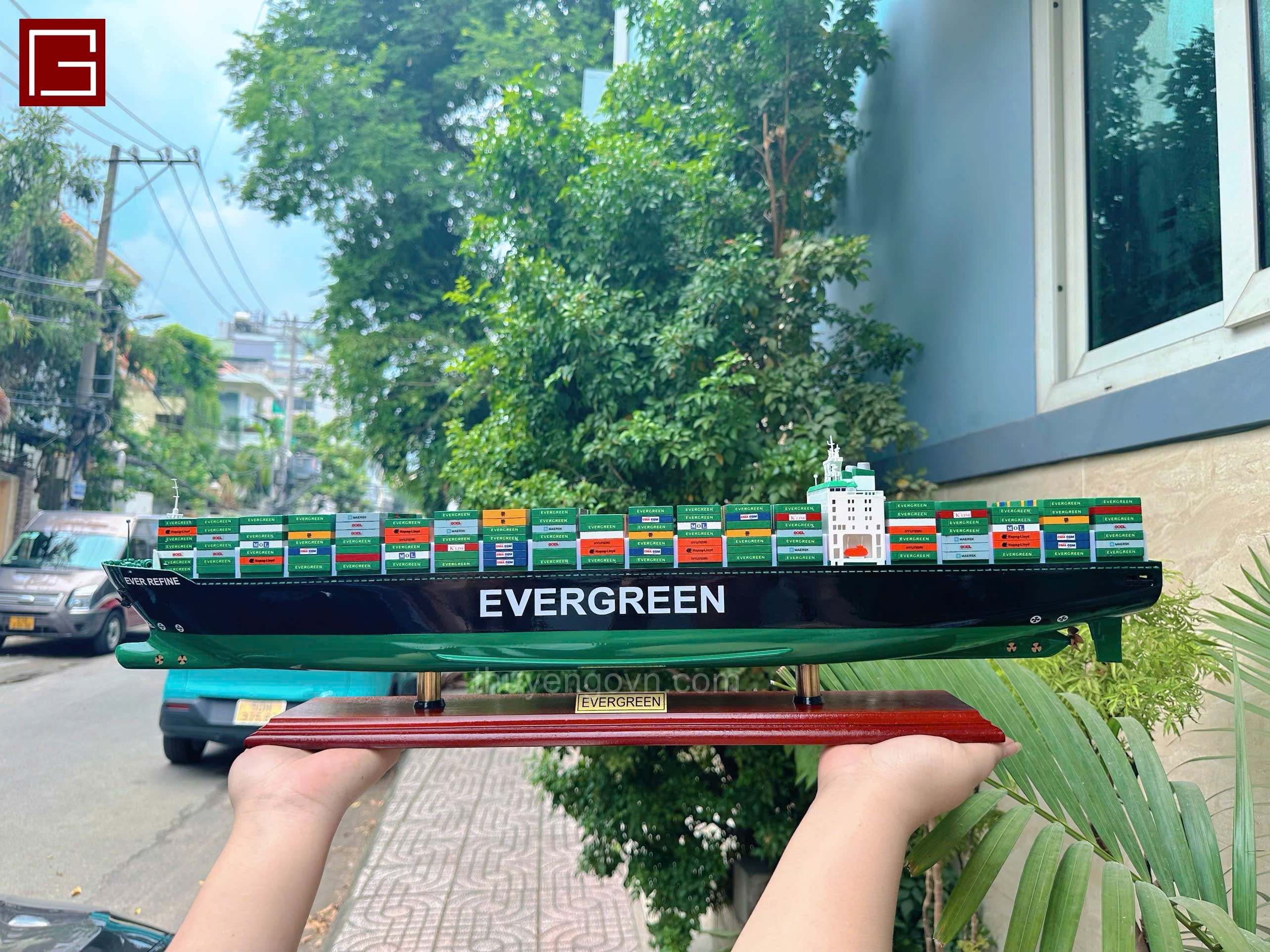 Mô Hình Thuyền Gỗ Phong Thủy Gia Nhiên, Thuyền Container Gỗ EVERGREEN, Tàu container hàng chính hãng