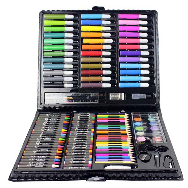 Hộp bút màu vẽ tranh, tô màu cho bé trai và bé gái thỏa sức sáng tạo với đam mê mỹ thuật gồm nhiều loại màu: màu nước, màu chì, màu dạ và các phụ kiện học tập 150 chi tiết (Kèm hộp đựng)