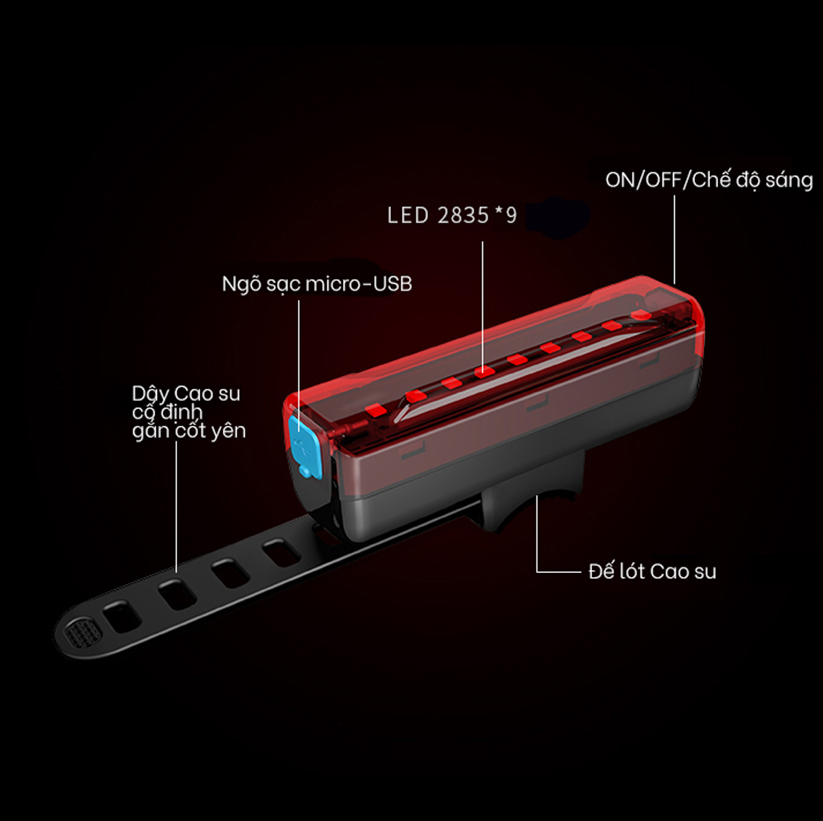 Đèn đuôi nhấp nháy đèn cảnh báo sau cho xe đạp thể thao màu đỏ A02 siêu sáng, chống nước, thời gian sáng lên đến 200h Mai Lee