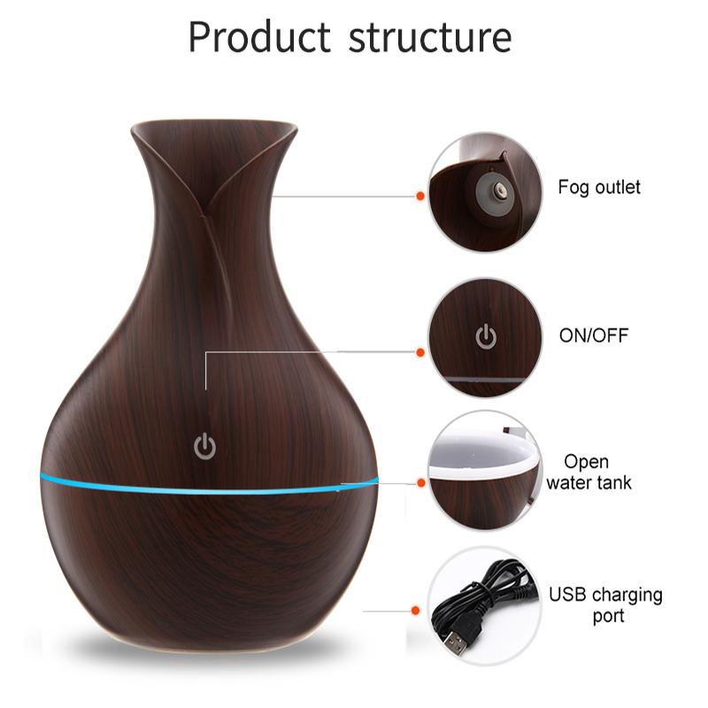 USB Máy Tạo Độ Ẩm Không Khí Mini Vân Gỗ Khuếch Tán Tinh Dầu Hộ Gia Đình Hương Thơm Khuếch Tán Hương Liệu Có Đèn Led Đèn Ngủ Cho Văn Phòng