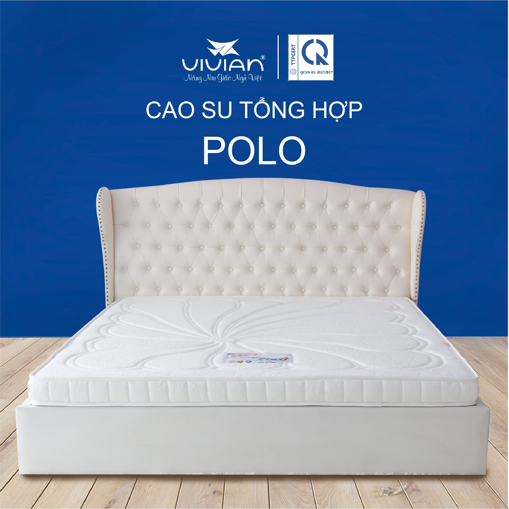 Nệm Cao Su Polo Vivian (160 x 200 x 22 cm) - Trắng Chần Hoa Hồng